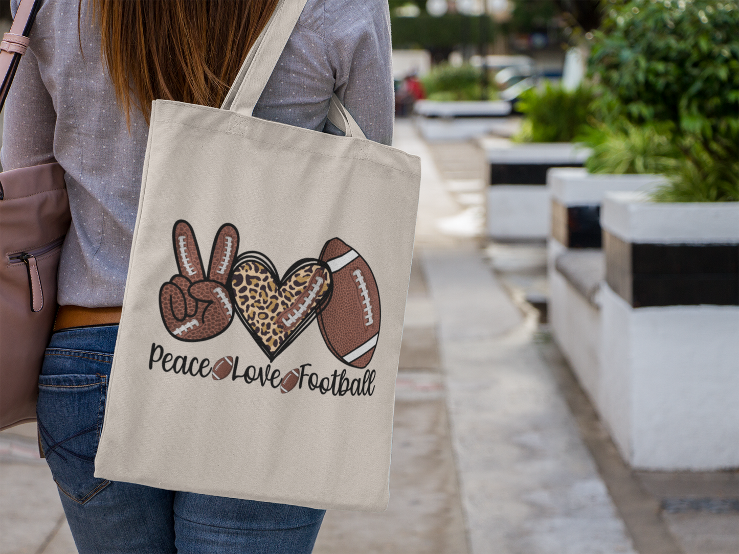 Peace, Love, Football Tote Bag