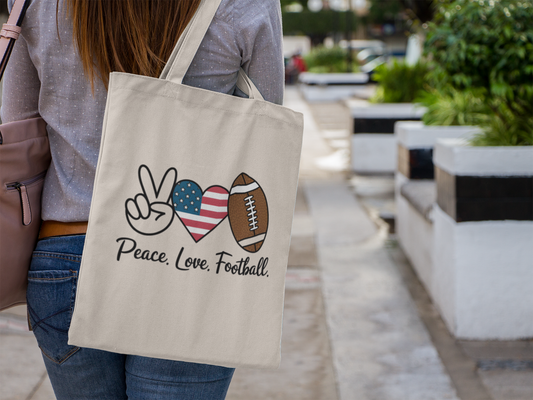Peace, Love, Football Tote Bag