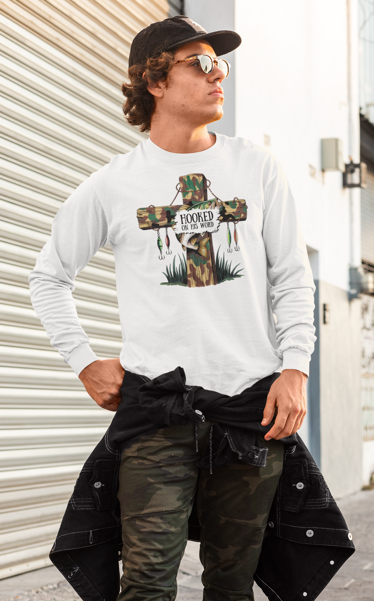 "Hooked on His Word" Faith Fishing Long Sleeve Shirt