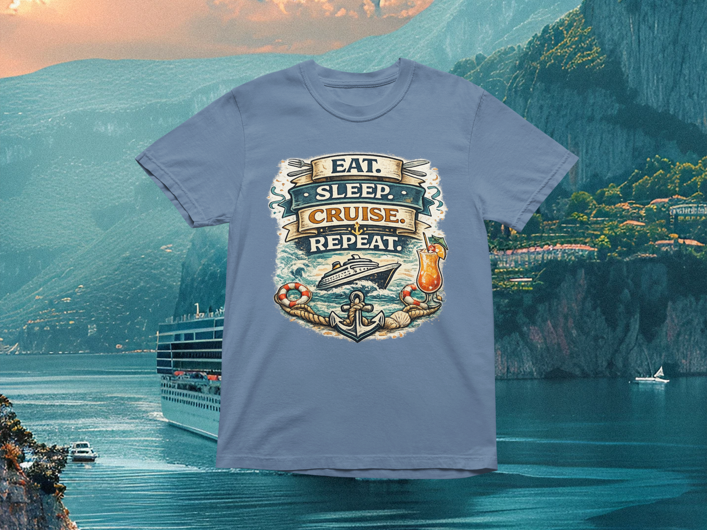 Eat. Sleep. Cruise. Repeat. | Comfort Colors Tee