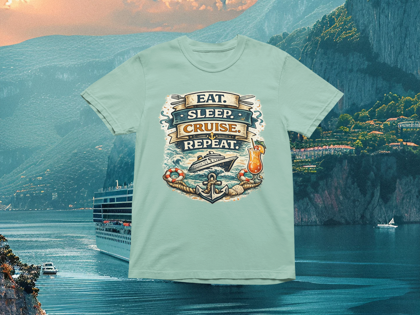 Eat. Sleep. Cruise. Repeat. | Comfort Colors Tee